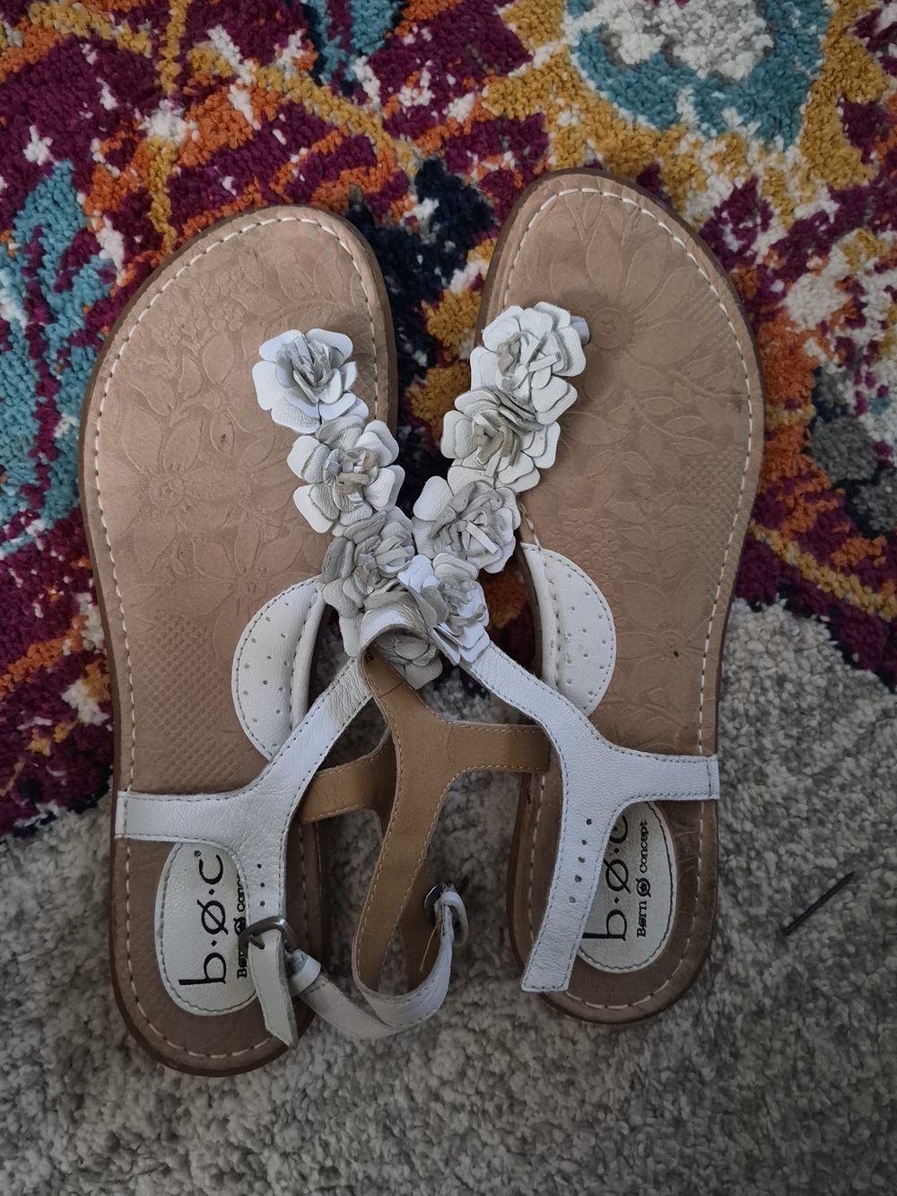 b.o.c. White and Tan Floral T-Strap Sandals